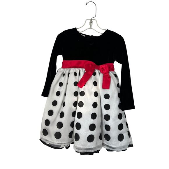Wonderkids Other - Wonder Kids Dress Girls Size 3T Soft Black White Velvet Polka Dot Red Bow